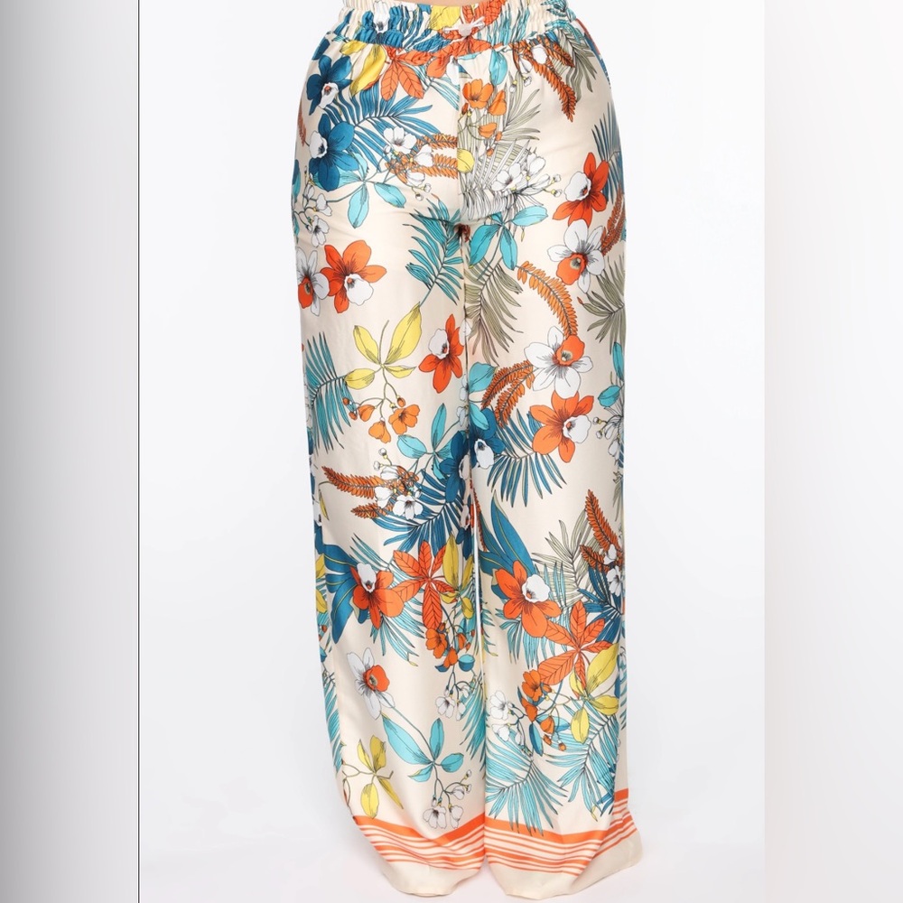 Fashion Nova Tropical Satin Flare Pants- MiltiColor- Size Small